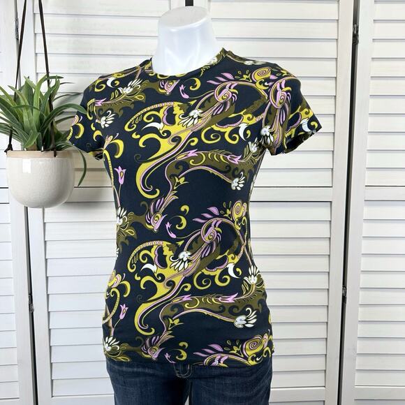 L'Agence Ressi Top Blue Olive Abstract Scarf Print Stretch Knit Blouse Size XS - Picture 1 of 10